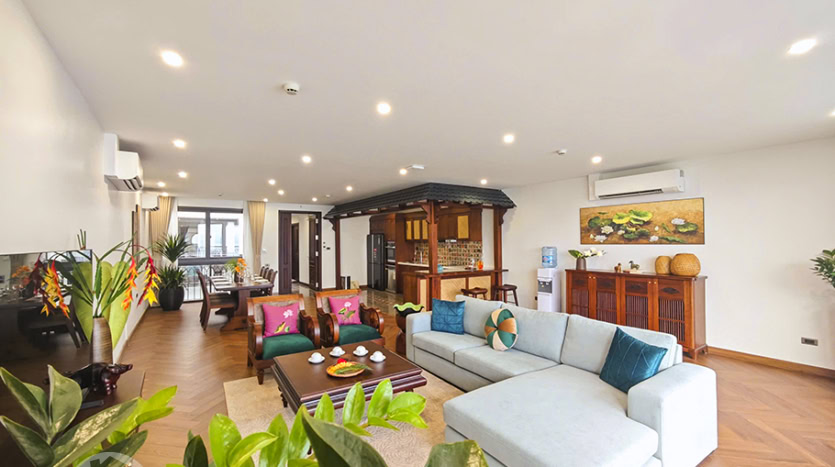 Brand-new Indochina-style 3-bedroom apartment for rent in Tay Ho
